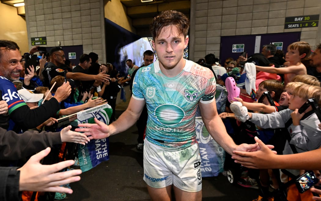 Luke Metcalf of the Warriors celebrates with fans, crowd and supporters after the match win, New Zealand Warriors v Brisbane Broncos.