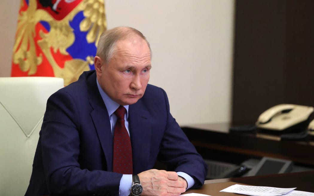 Russian President Vladimir Putin chairs a meeting on agriculture via a video link at the Novo-Ogaryovo state residence outside Moscow on 5 April 2022.