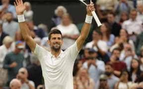 Novak Djokovic of Serbia celebrates after winning the Gentlemen’s Singles Semi-finals match against Jannik Sinner of Italy in the Championships, Wimbledon at All England Lawn Tennis and Croquet Club in London, the United Kingdom on July 14, 2023. ( The Yomiuri Shimbun ) (Photo by Tetsu Joko / Yomiuri / The Yomiuri Shimbun via AFP)