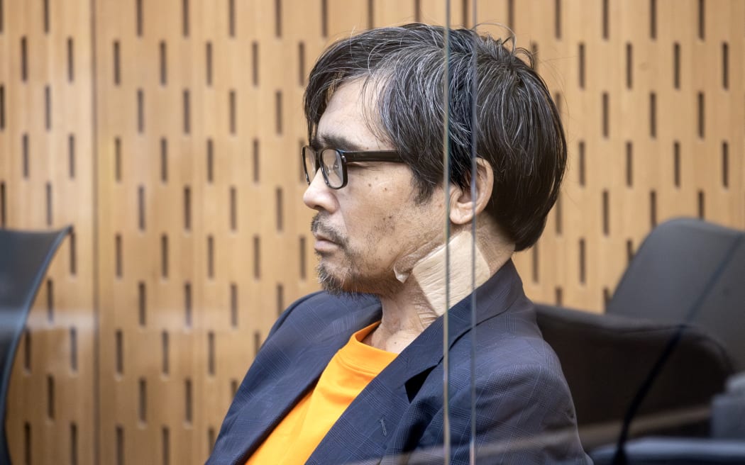 Tingjun Cao in the Christchurch High Court wearing a bandage on his neck. 29 October 2024 NZME Photograph by George Heard