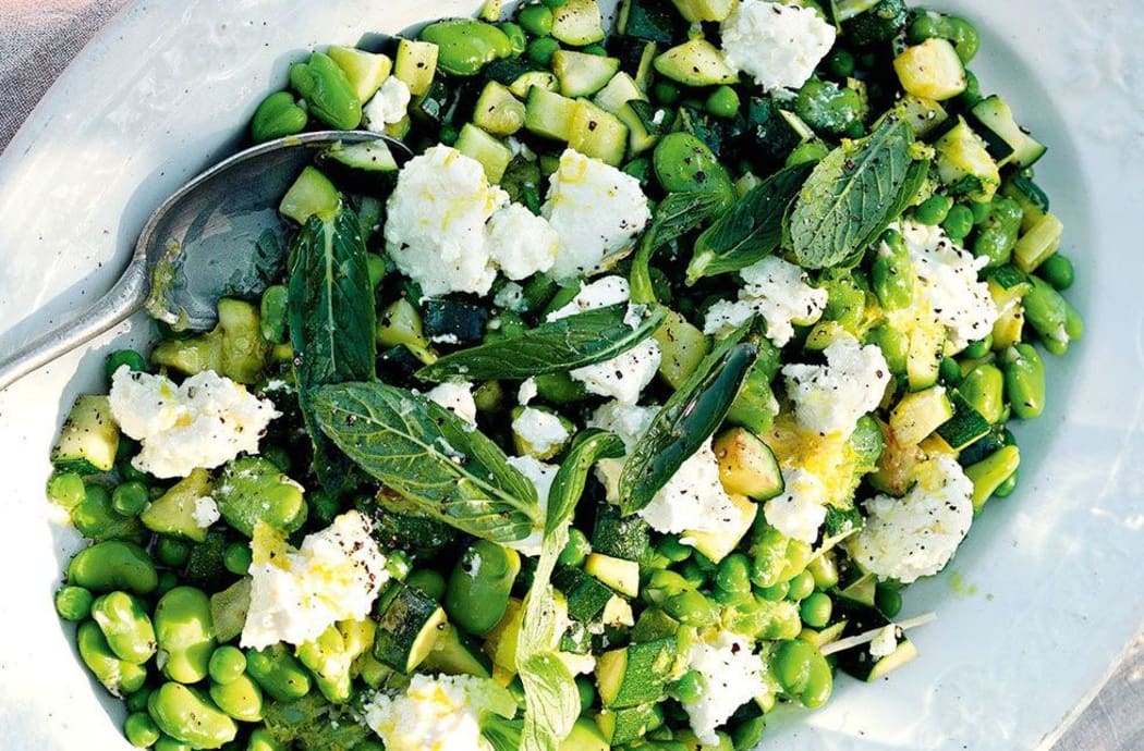 Salad of Green Peas, Broad Beans, Feta, Chilli and Mint with Tzatziki Dressing