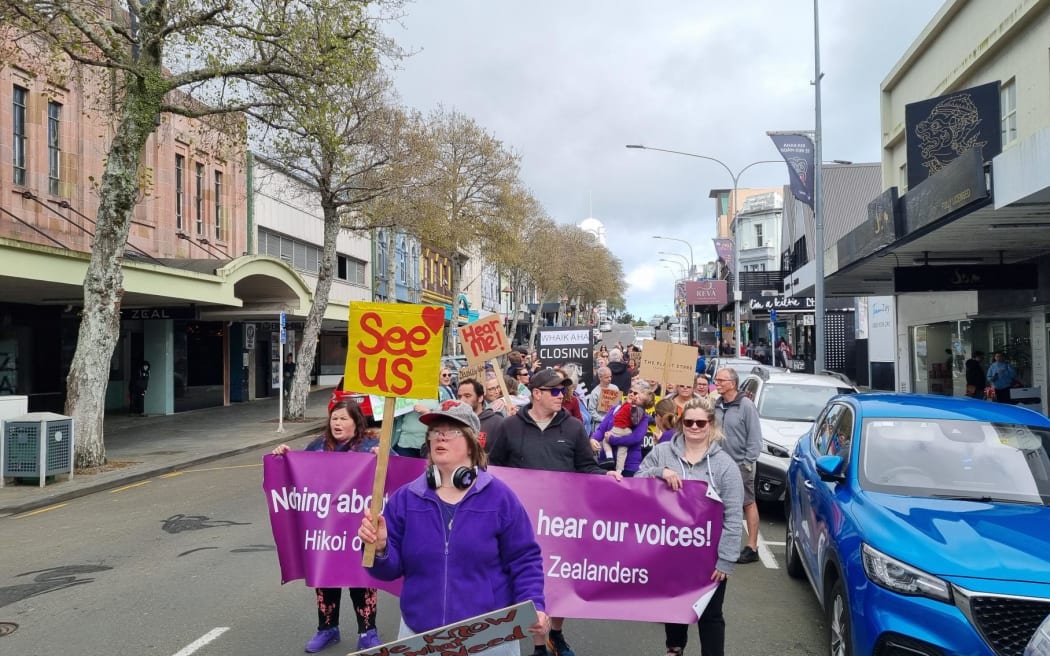 About 300 people protested against the restructure of Whaikaha, the Ministry of Disabled People in New Plymouth on 6 September, 2024.