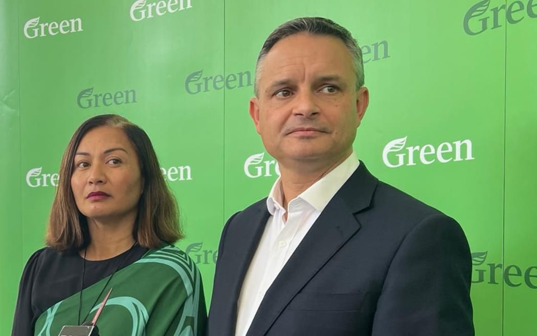 Green Party co-leaders Marama Davidson and James Shaw at the party's State of the Planet speech in Auckland on 19 March 2023.