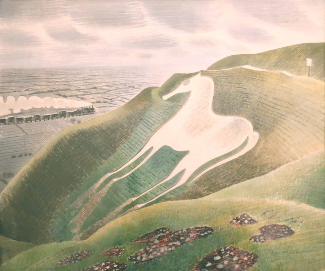 The pre-war painting Westbury Horse by Eric Ravilious, featured in the documentary Eric Ravilious: Drawn to War