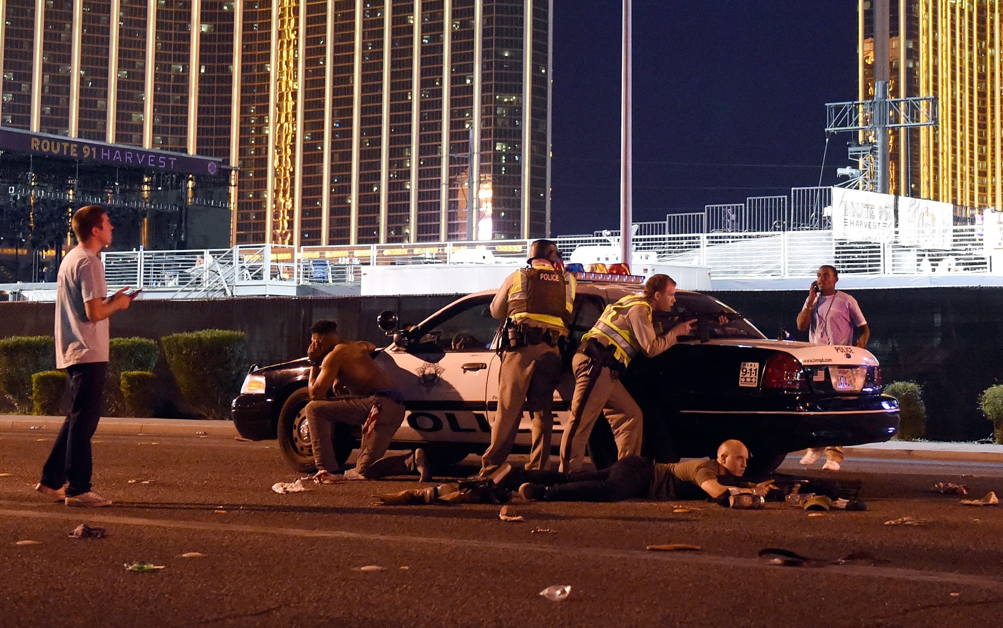 Las Vegas police stand guard along the streets outside the festival grounds of the Route 91 Harvest on October 1, 2017 in Las Vegas, Nevada.