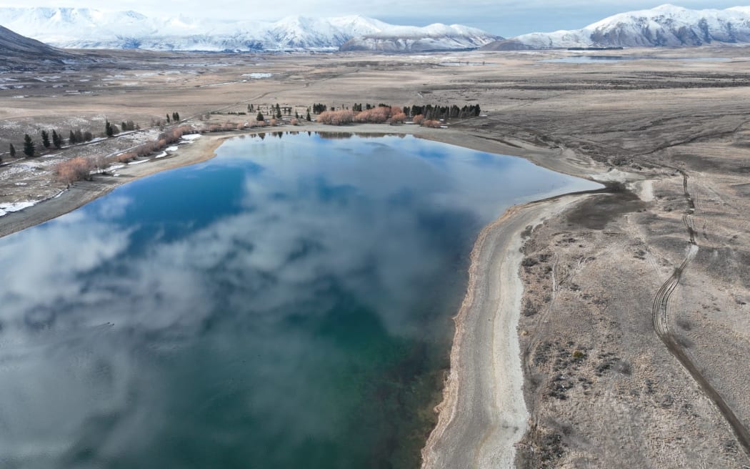 Aerial shots of Lake Camp, inland from Ashburton, taken on August 2 showing the water level in the high country lake