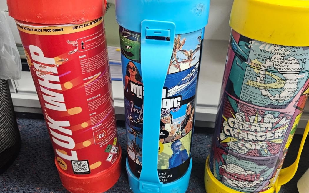 Large brightly coloured canisters of nitrous oxide are being sold to children.