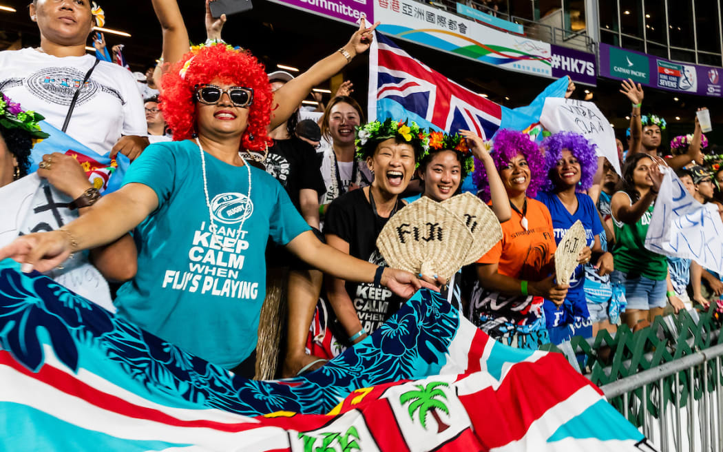HONG KONG,HONG KONG SAR, CHINA. April 7th 2019.
Cathay Pacific/HSBC Hong Kong Sevens Rugby Fiji vs France Cup Final
Fans of Fiji cheer after Team Fiji wins the final
PhotoSport NZ / Yu Chun Christopher Wong