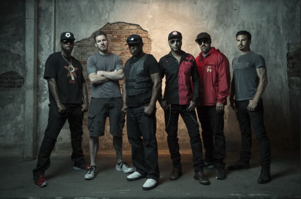 Prophets Of Rage (l-r DJ Lord, Tim Commerford, Chuck D, Tom Morello, B-Real, Brad Wilk)