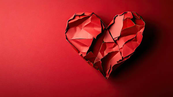 Torn paper heart on a red background symbolizing heartbreak, emotion, and love concept in a simple composition