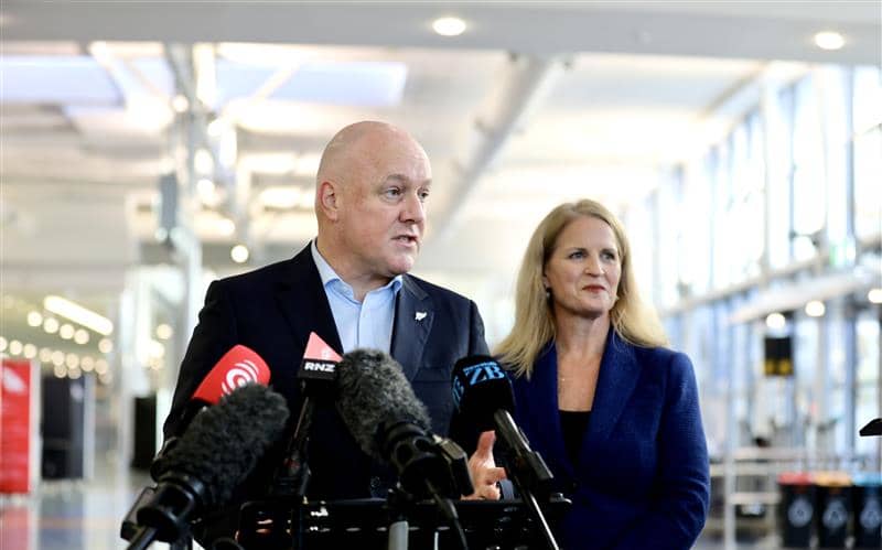 Prime Minister Christopher Luxon and tourism minister Louise Upston make a tourism funding boost announcement at Auckland Airport on 9 June 2025.