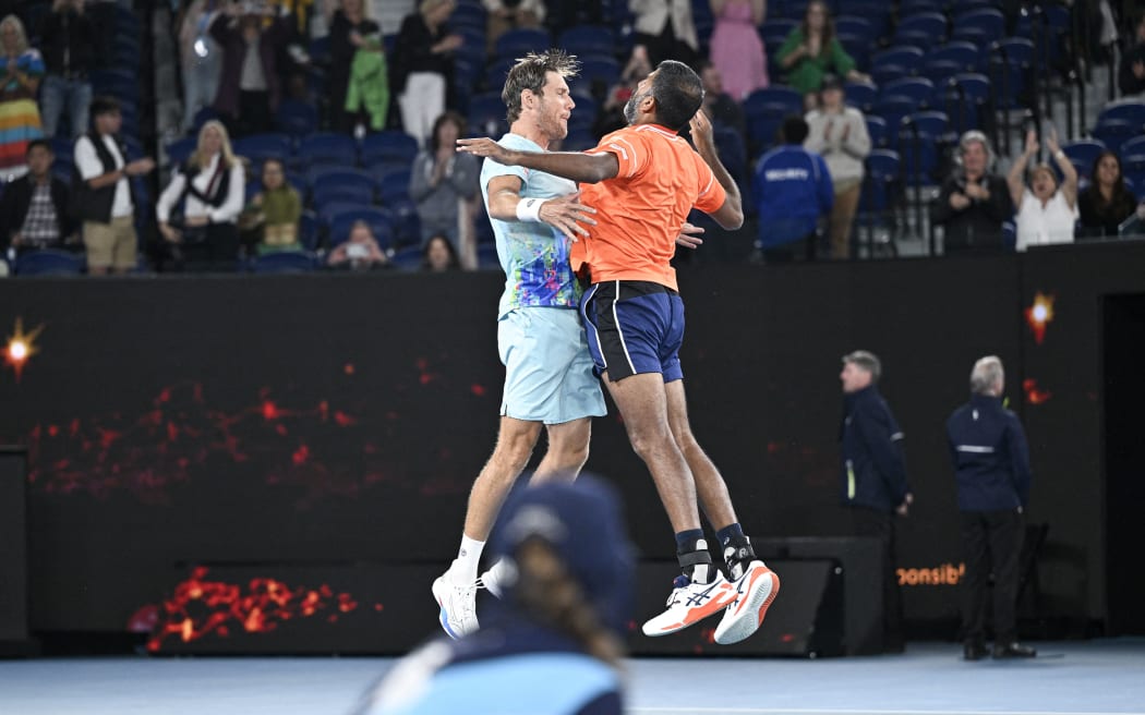 Rohan Bopanna and Matthew Ebden during the Australian Open AO 2024 women's final Grand Slam tennis tournament on January 27, 2024 at Melbourne Park in Australia. Photo Victor Joly / DPPI (Photo by Victor Joly / Victor Joly / DPPI via AFP)