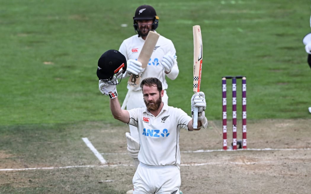 Kane Williamson celebrates his 26th test century for the Black Caps.