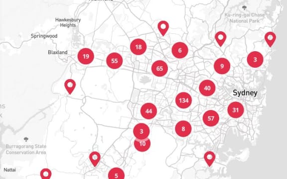 A map showing the locations of new Covid-19 cases in the wider Sydney area on Friday.