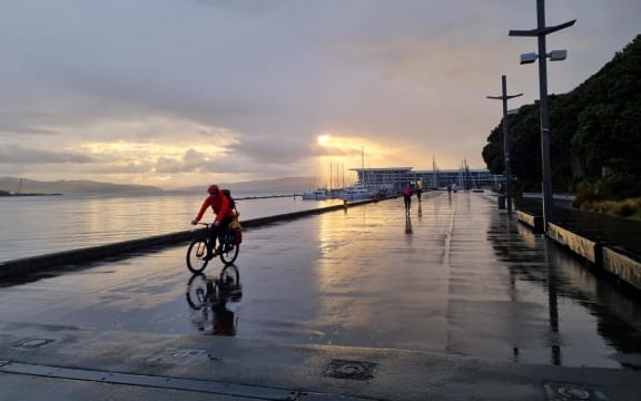 The rain has set in on the Wellington waterfront, as the sun rises and a handful of people exercise