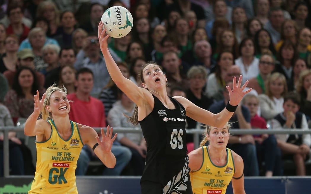 Former Silver Ferns shooter Irene van Dyk catching ball in 2012 Constellation Cup series