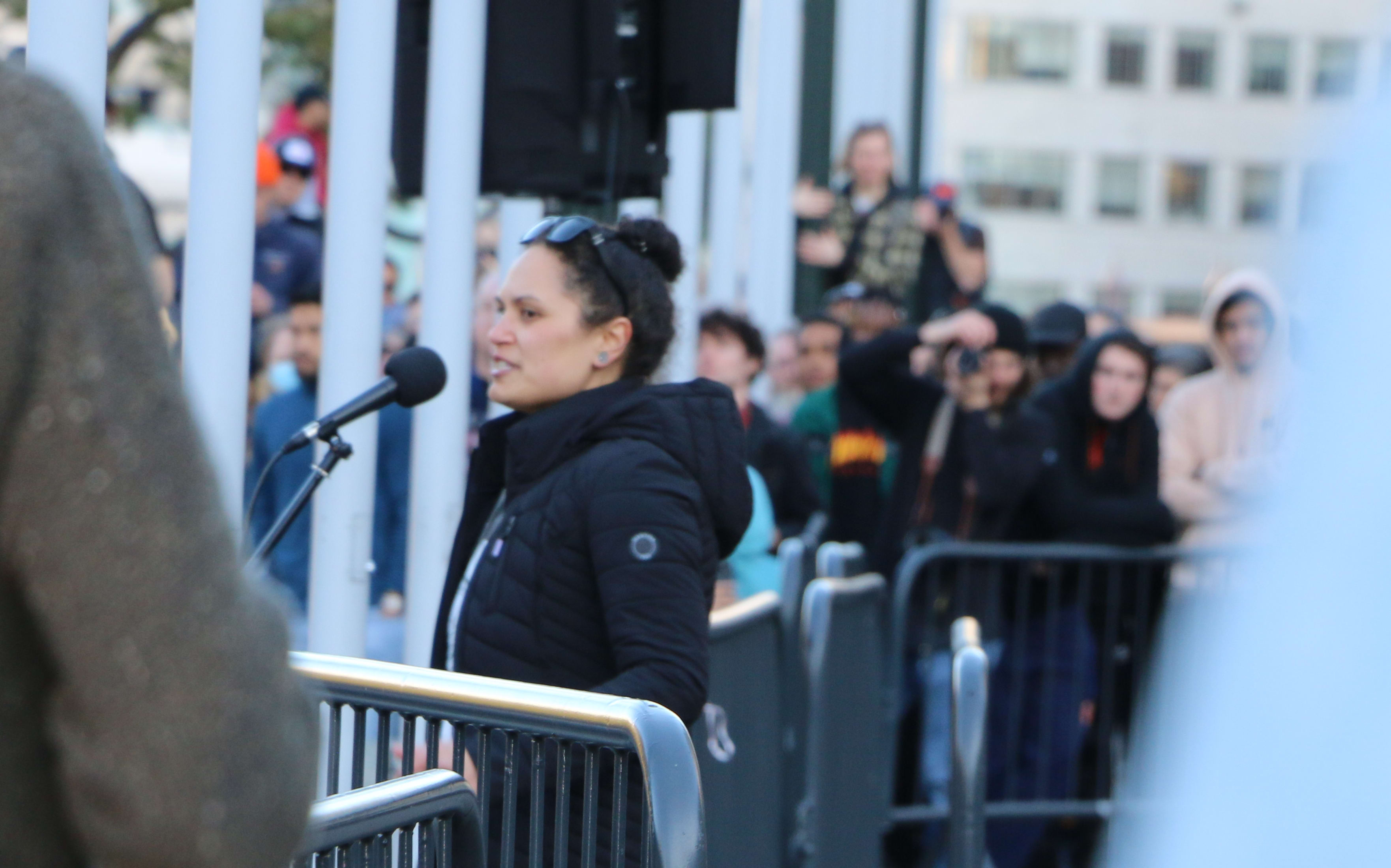 Victoria University Pacific lecturer and native Hawaiian Emalani Case speaking at the Black Lives Matter march in Wellington on 14 June, 2020.