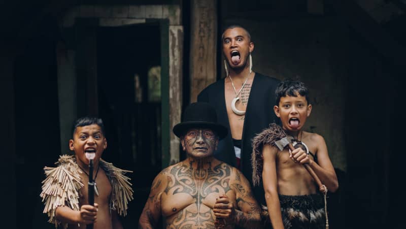 Stan Walker, Tame Iti and others in a scene from Walker's new music video 'Māori Ki Te Ao' (Māori to the world)