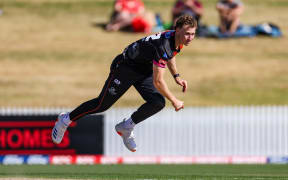 Northern Brave's Matt Fisher bowls against the Auckland Aces in a Super Smash Twenty20 cricket match at Seddon Park, Hamilton. 13 January 2025. Photo: DJ Mills / Photosport