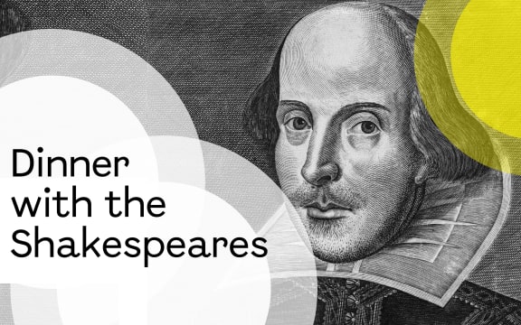 The words "Dinner with the Shakespeares" is superimposed over abstract shapes resembling plates and textured background.