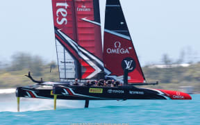 Emirates Team New Zealand on the water during the second day of racing against Oracle in the America's Cup in Bermuda.