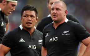 Keven Mealamu and Tony Woodcock playing for the All Blacks, 2012.