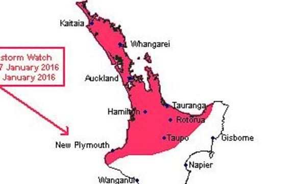 A MetService graphic showing the parts of the North Island expected to be hit by thunder.