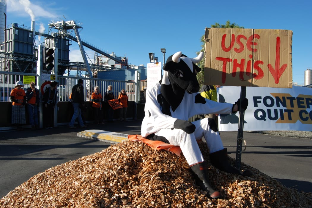 Protesters donned costumes at Fonterra's Clandeboye plant in South Canterbury.