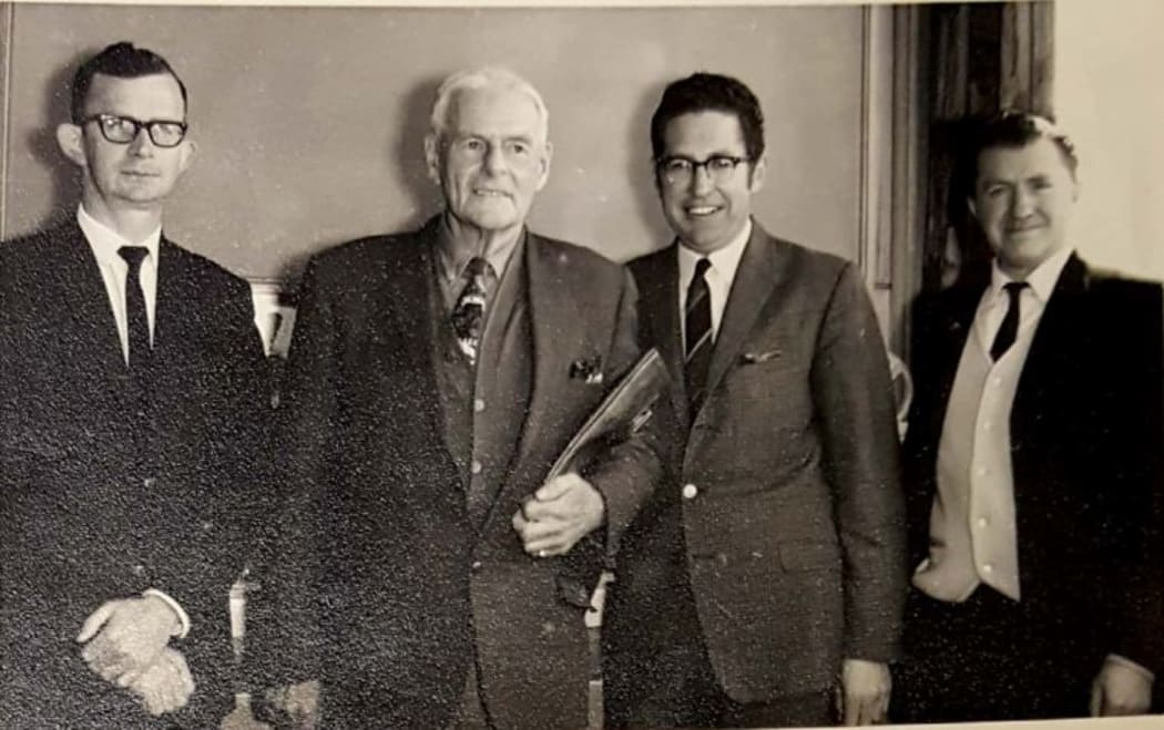 Four of the leading jazz broadcasters for public radio, Broadcasting House, Wellington, 1970. From left: Keith Edmonston, Arthur Pearce, Ray Harris and Cav Nichol