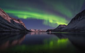 Europe, Norway, Troms, dancing Northern Lights over Grøtfjord