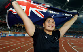 Valerie Adams celebrates in Delhi.
