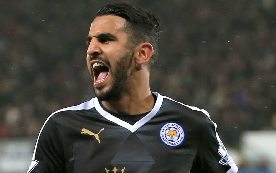 Riyad Mahrez of Leicester City celebrates after scoring.