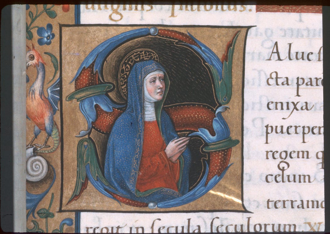 Detail of an historiated initial 'S'(ancta) of the Virgin Mary. Image taken from f. 101 of Book of Hours, Use of Rome (the 'Hours of Bonaparte Ghislieri', formerly known as 'The Albani Hours').