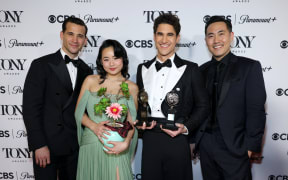 (L-R) Dez Duron, Helen J. Shen, Darren Criss and Marcus Choipose with the Best Musical award for "Maybe Happy Ending" at the 78th Annual Tony Awards.