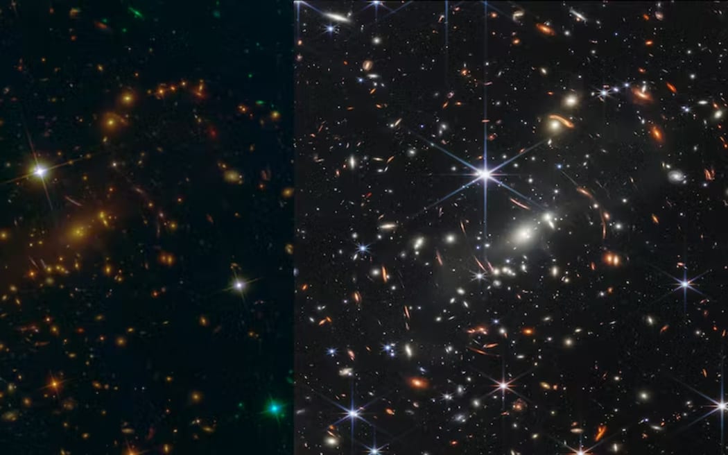 SMACS 0723 galaxy cluster – from Hubble on the left, and JWST on the right. Hundreds more galaxies are visible in JWST’s infrared image.