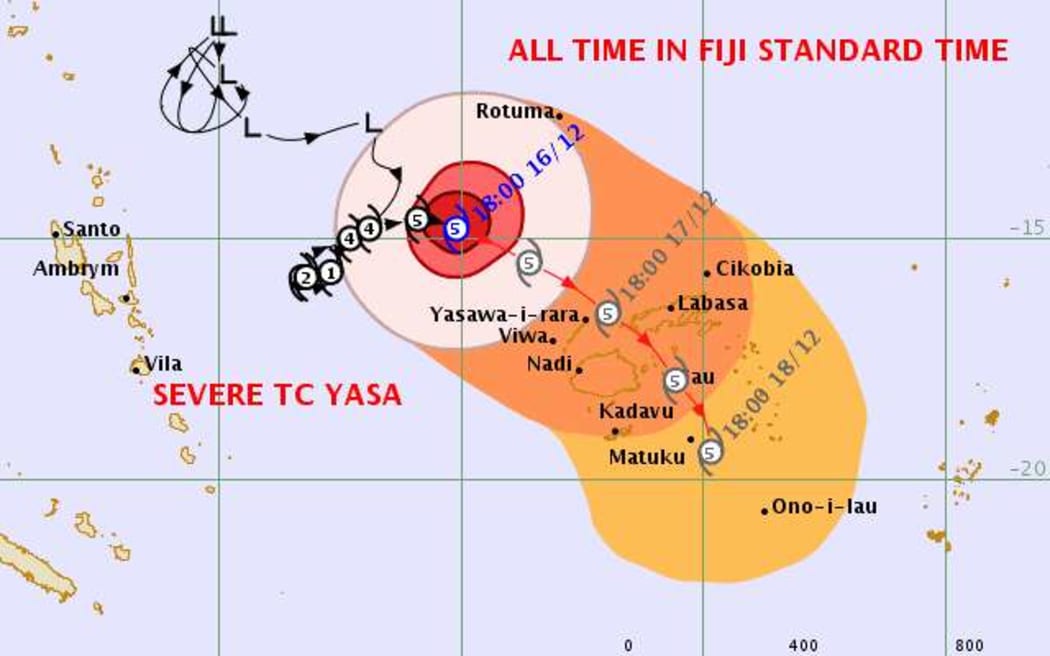 A forecast threat map for Cyclone Yasa, issued on Wednesday night.