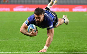 Blues fullback Corey Evans scores a try, 2025.