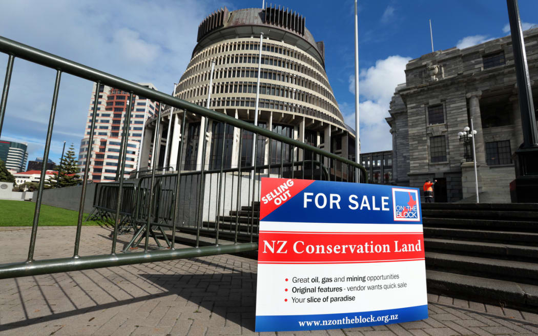 Forest and Bird demonstration in Parliament drawing attention to the sell-off of the rights to log, drill and mine New Zealand’s public conservation land.