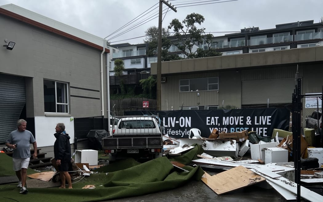 Debris piled up outside Liv-On LifeStyle gym following flooding on 27 January, 2023.