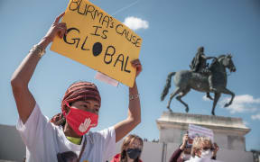 Lyon, France 2021/03/27. Rassemblement de la communaute birmane a Lyon pour protester contre le coup d Etat au Myanmar. Photographie de Maxime Gruss / Hans Lucas. (Photo by Maxime Gruss / Hans Lucas / Hans Lucas via AFP)