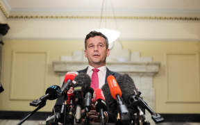 Associate Education Minister David Seymour speaks to media following a free school lunch announcement on 8 May 2024.