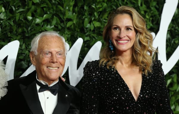 Italian fashion designer Giorgio Armani and US actress Julia Roberts on the red carpet at The Fashion Awards in London in 2019.