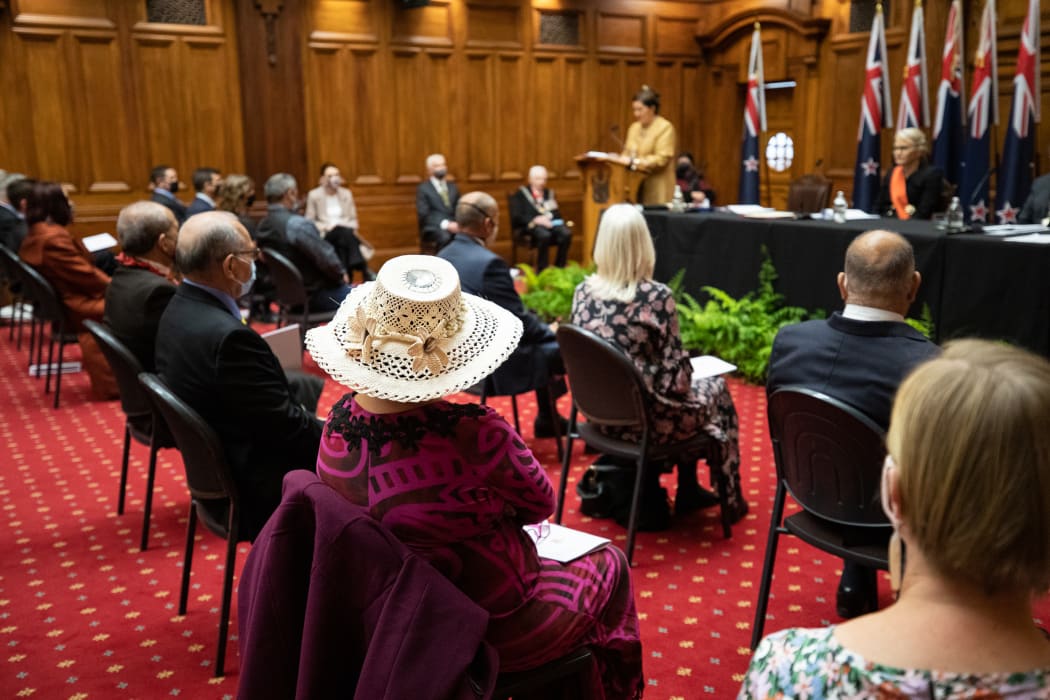 The Cook Islands High Commissioner Elizabeth Wright-Koteka (in the white pare) watched Cindy Kiro speak