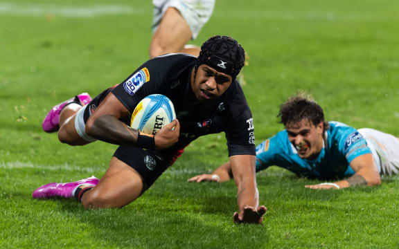 Crusaders winger Chay Fihaki goes over for his second try.