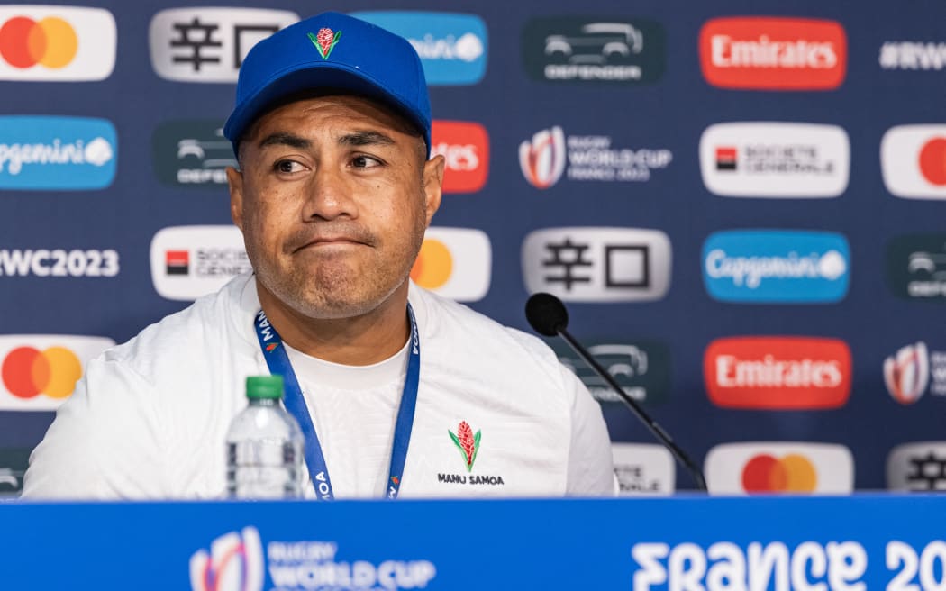 Samoa's assistant coach Tusi Pisi takes part in a press conference after the captain's run training session at Pierre-Mauroy stadium in Villeneuve-d'Ascq near Lille, northern France on October 6, 2023, on the eve of the team's match against England as part ofthe 2023 Rugby World Cup. (Photo by Sameer Al-DOUMY / AFP)