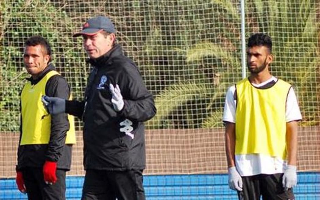 Fiji Olympic football coach Frank Farina issues instructions at training.
