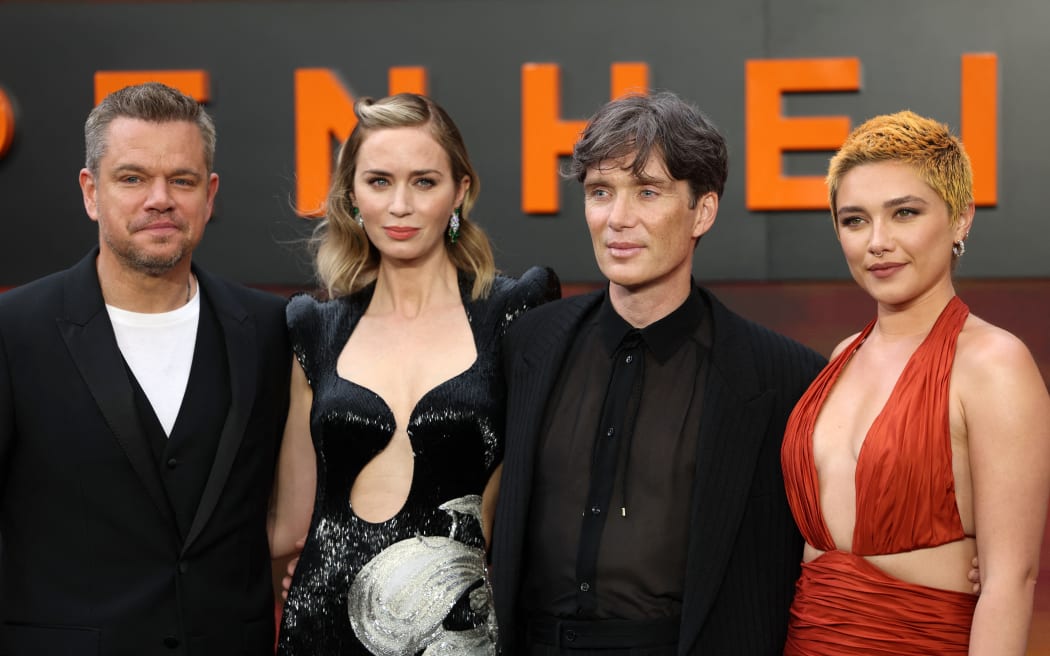 (L-R) US actor Matt Damon, British Actor Emily Blunt, Irish actor Cillian Murphy and British Actor Florence Pugh pose on the red carpet upon arrival for the UK premiere of "Oppenheimer" in central London on July 13, 2023. (Photo by HENRY NICHOLLS / AFP)