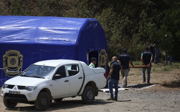 Portuguese Judicial Police (PJ) criminal investigation unit members remove equipment set near the Arade dam in Silves on May 25, 2023, after the completion of the search operation in the investigation into the disappearance of Madeleine McCann.