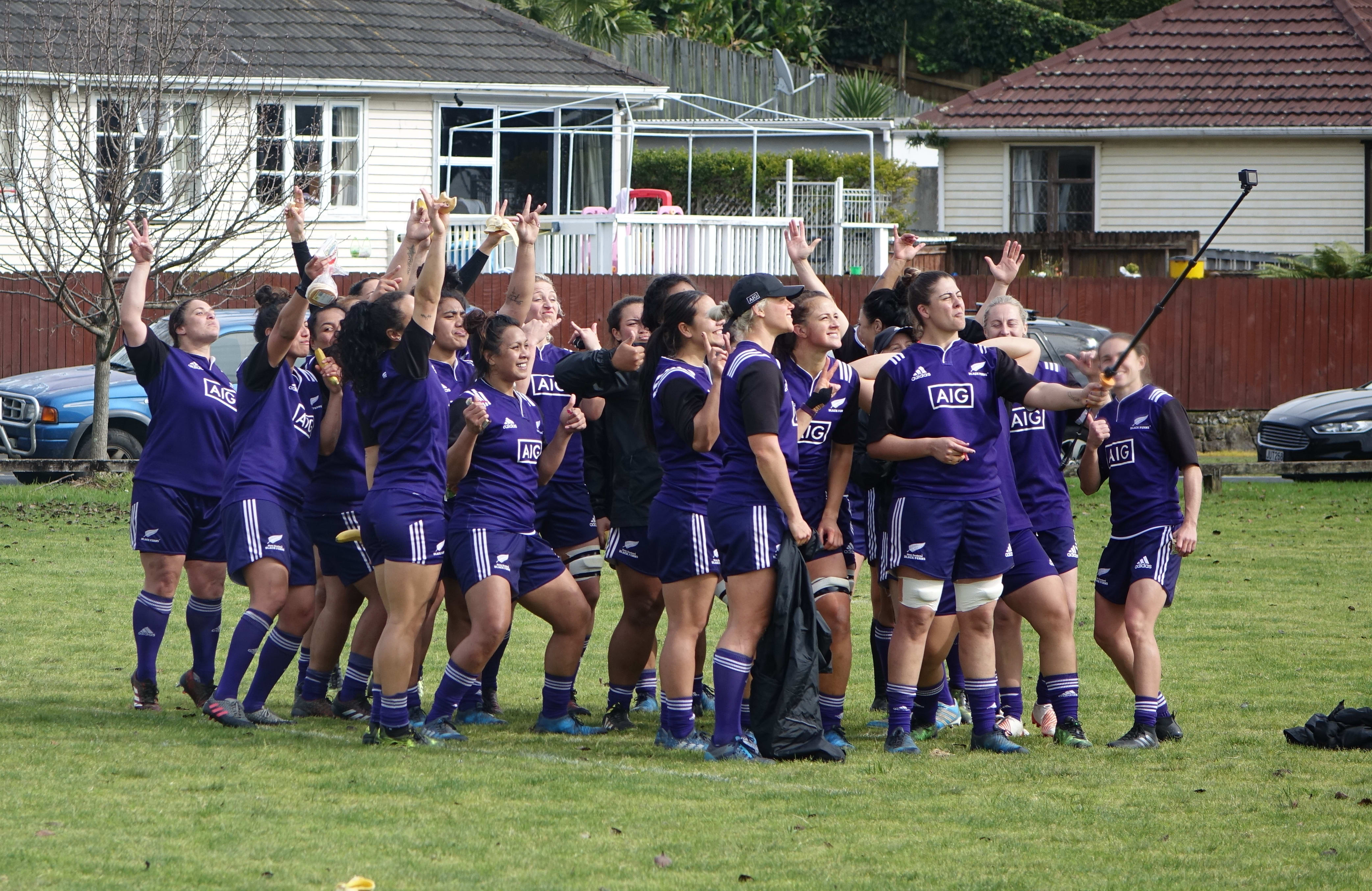 The Black Ferns takes a squad selfie at their last practice in Auckland before flying to Ireland for the 2017 Rugby World Cup.