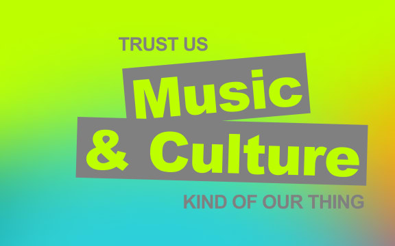 Green and blue background with text: Trust US. Music and Culture. Kind of our thing.